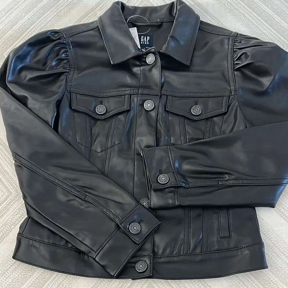 GAP Black Faux Leather Jacket with Puff Shoulders - Size L